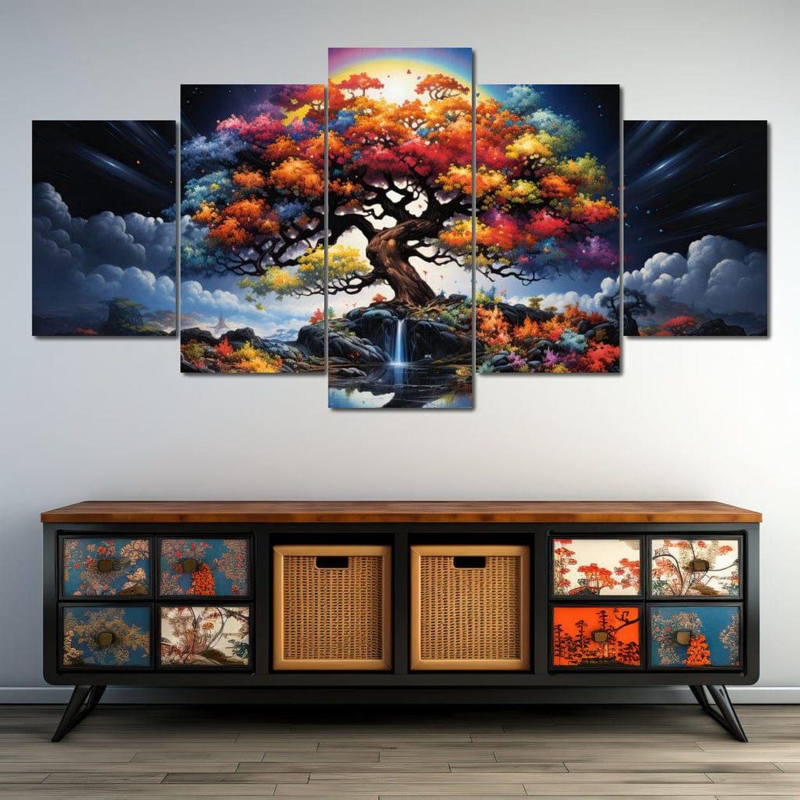 Rainbow Tree Of Life Waterfall Night Sky Five Panel Canvas Wall Art