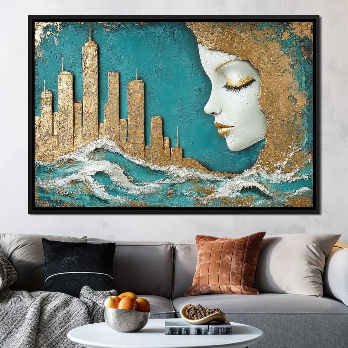 Gold City Skyline Teal Waves White Woman Profile Surreal Dream Poster - Image 3