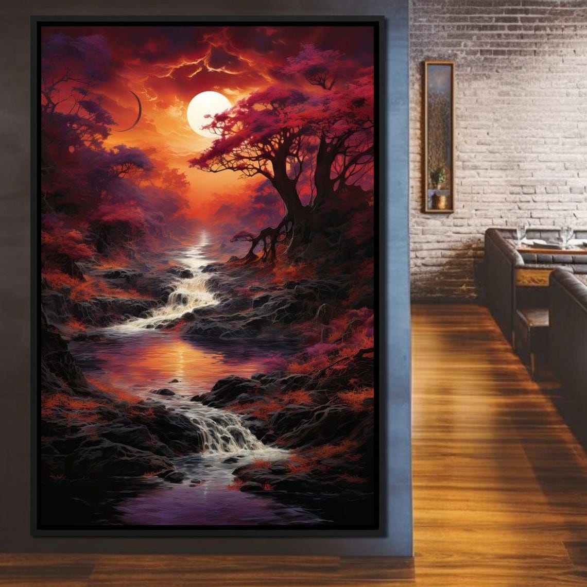 River Flow Vibrant Sunset Wall Art Nature Landscape Decor Tranquil River Print Artistic Dreamscape By Nichecanvas