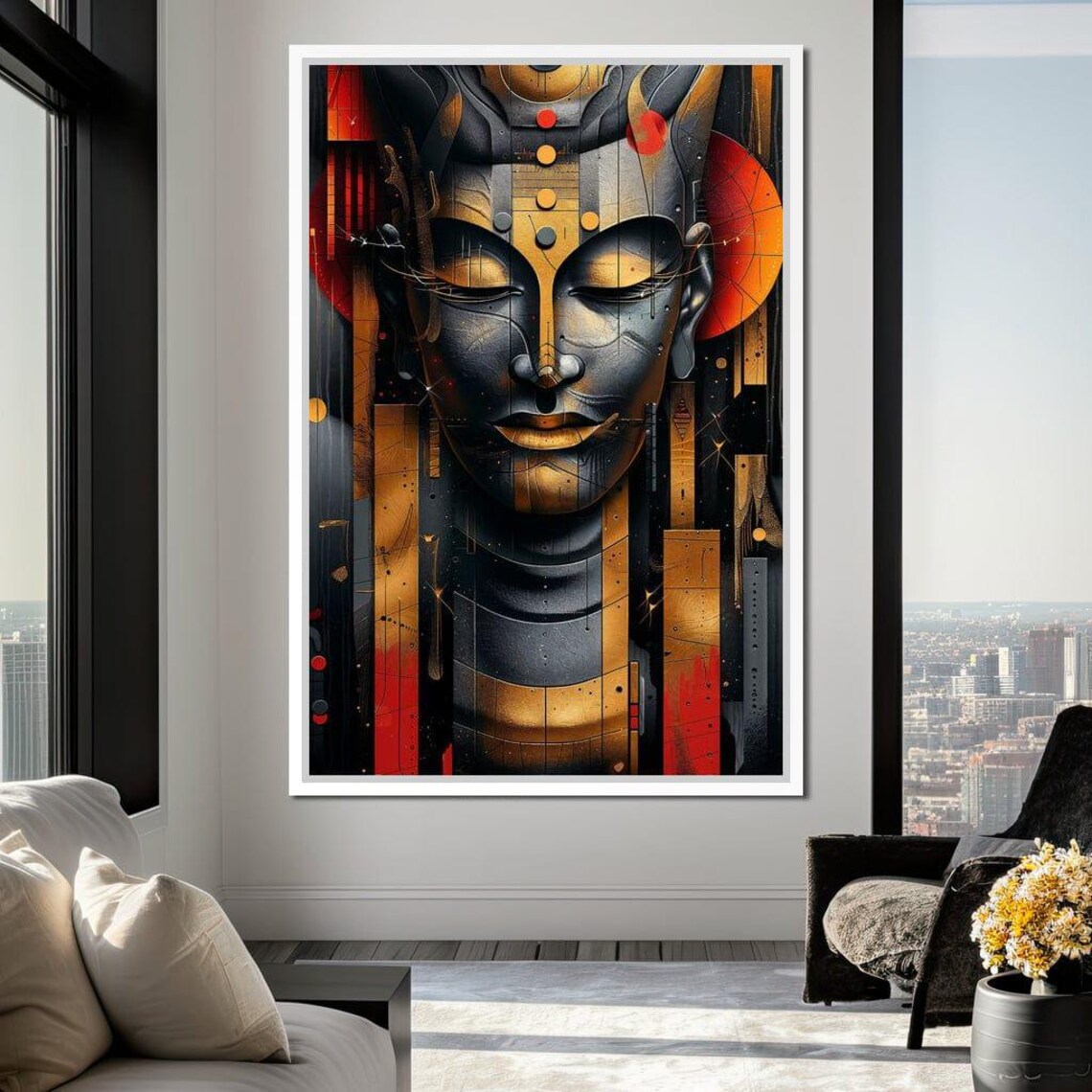 Tribal Sun Buddha Golden Mask Red Dots Abstract Zen Wall Art Poster - Image 2