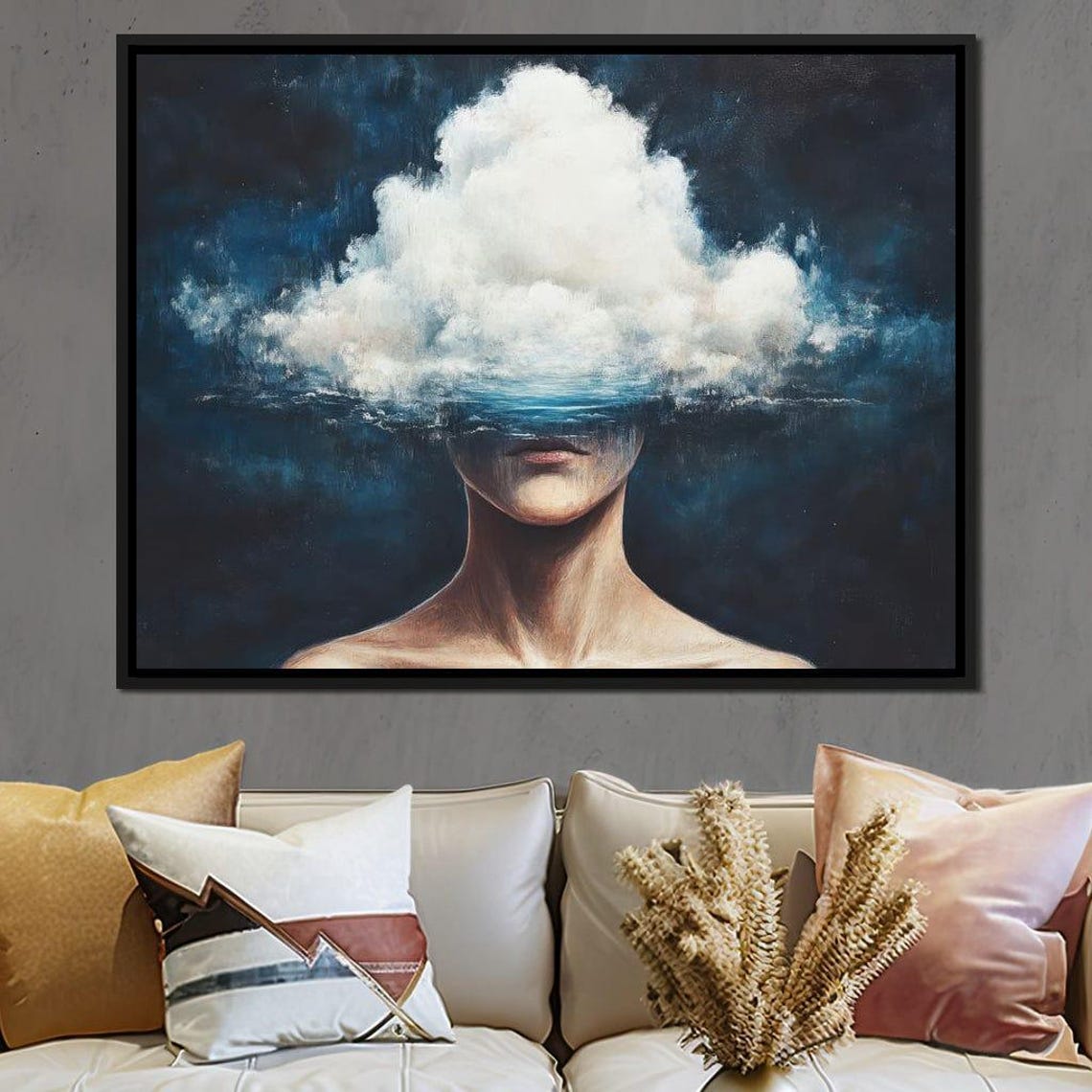 Woman With Cloud Head Emerging From Dark Blue Sea Surreal Art Poster - Image 2