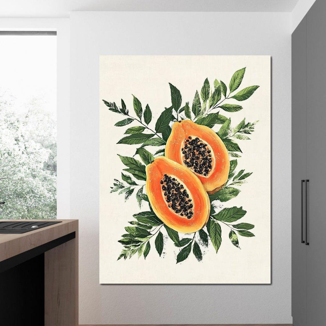 Papaya Halves Botanical Illustration Green Leaves Cream Kitchen Art - Image 3