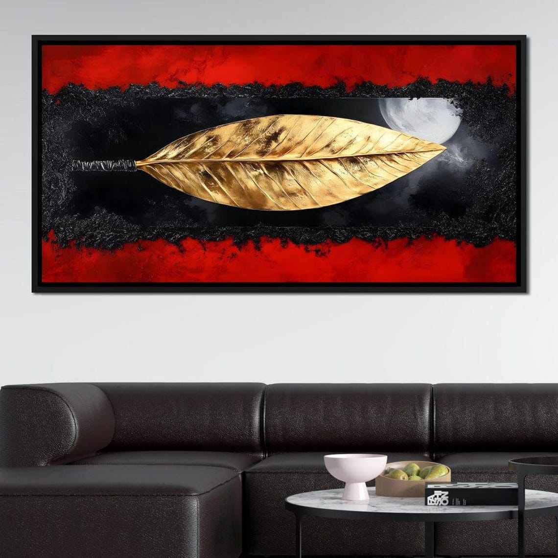 Golden Leaf Feather on Black and Red with Moon Night Sky Poster