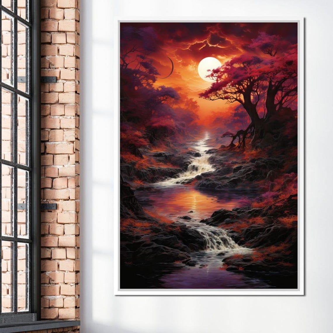 Sunset River Dreamscape Vibrant Fantasy Waterfall Landscape Poster - Image 3
