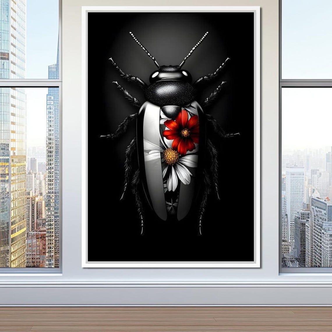 Long Black Beetle With Red And White Floral Patterned Wings Poster - Image 2