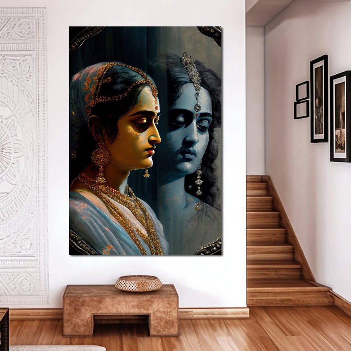 Radha Krishna Reflection Dual Portrait Blue Spiritual Art Poster - Image 2