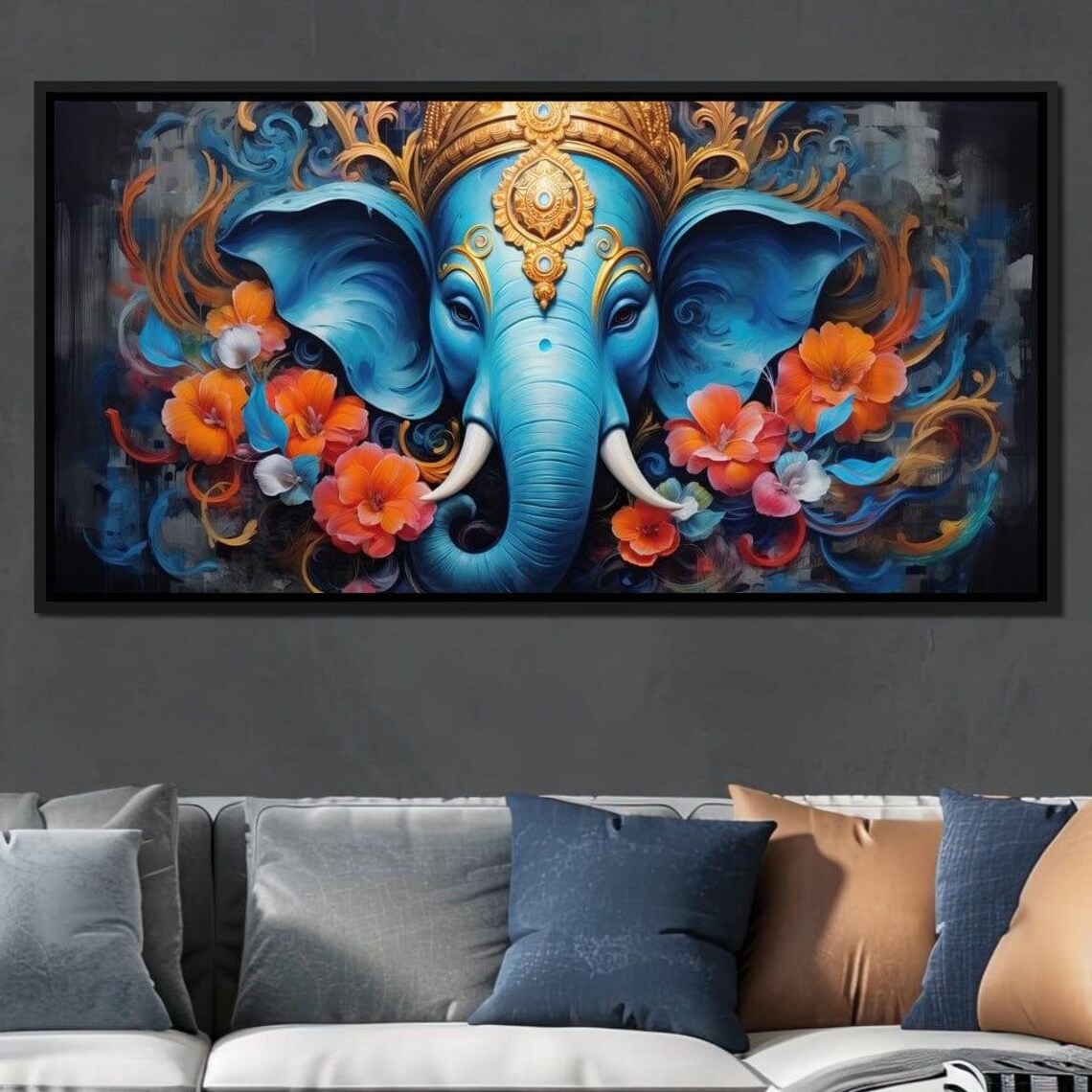 Ganesha Blue Elephant Head Gold Crown Orange Floral Spiritual Art Poster - Image 2