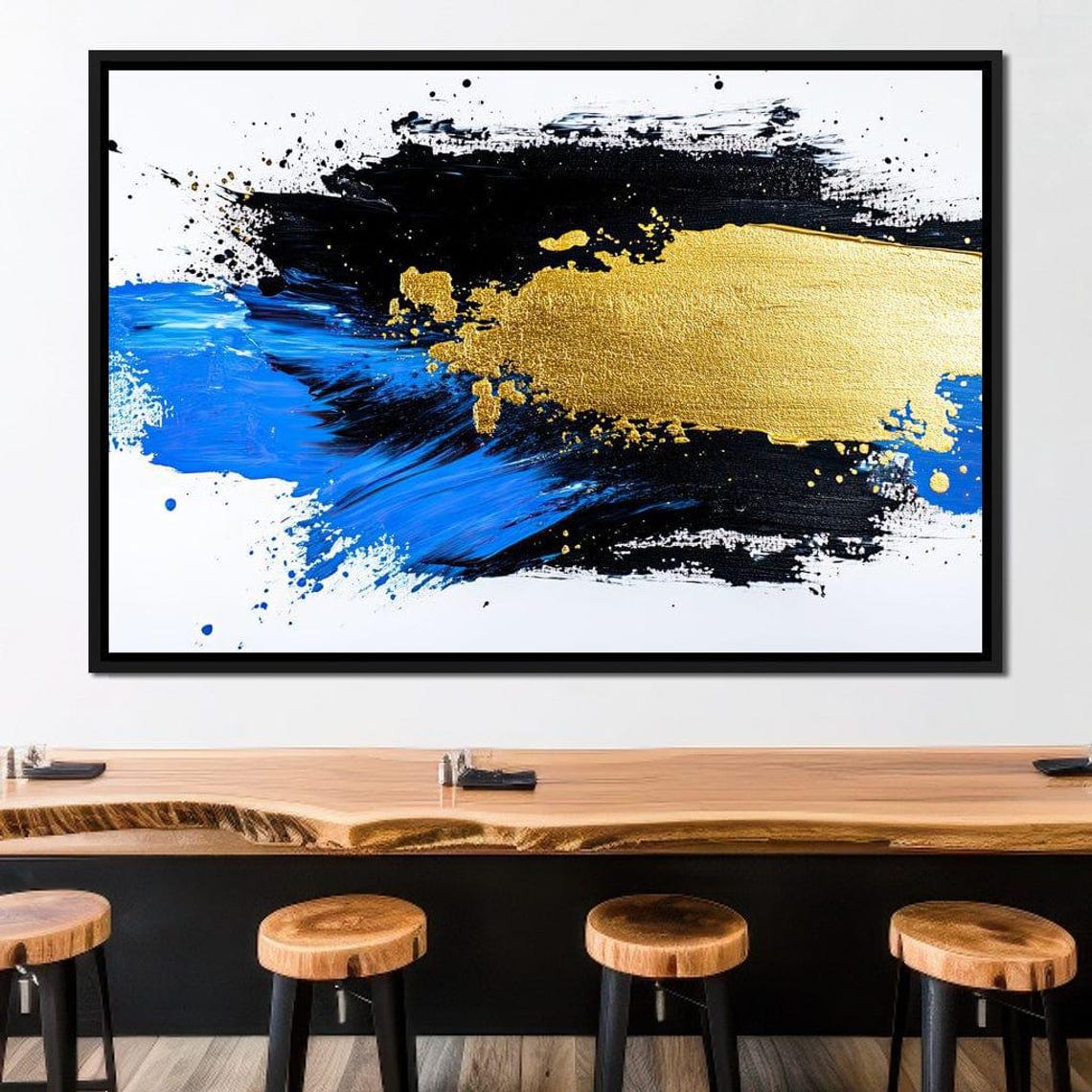 Blue Gold Brushstroke Abstract Multi Panel Modern Wall Art Print - Image 4