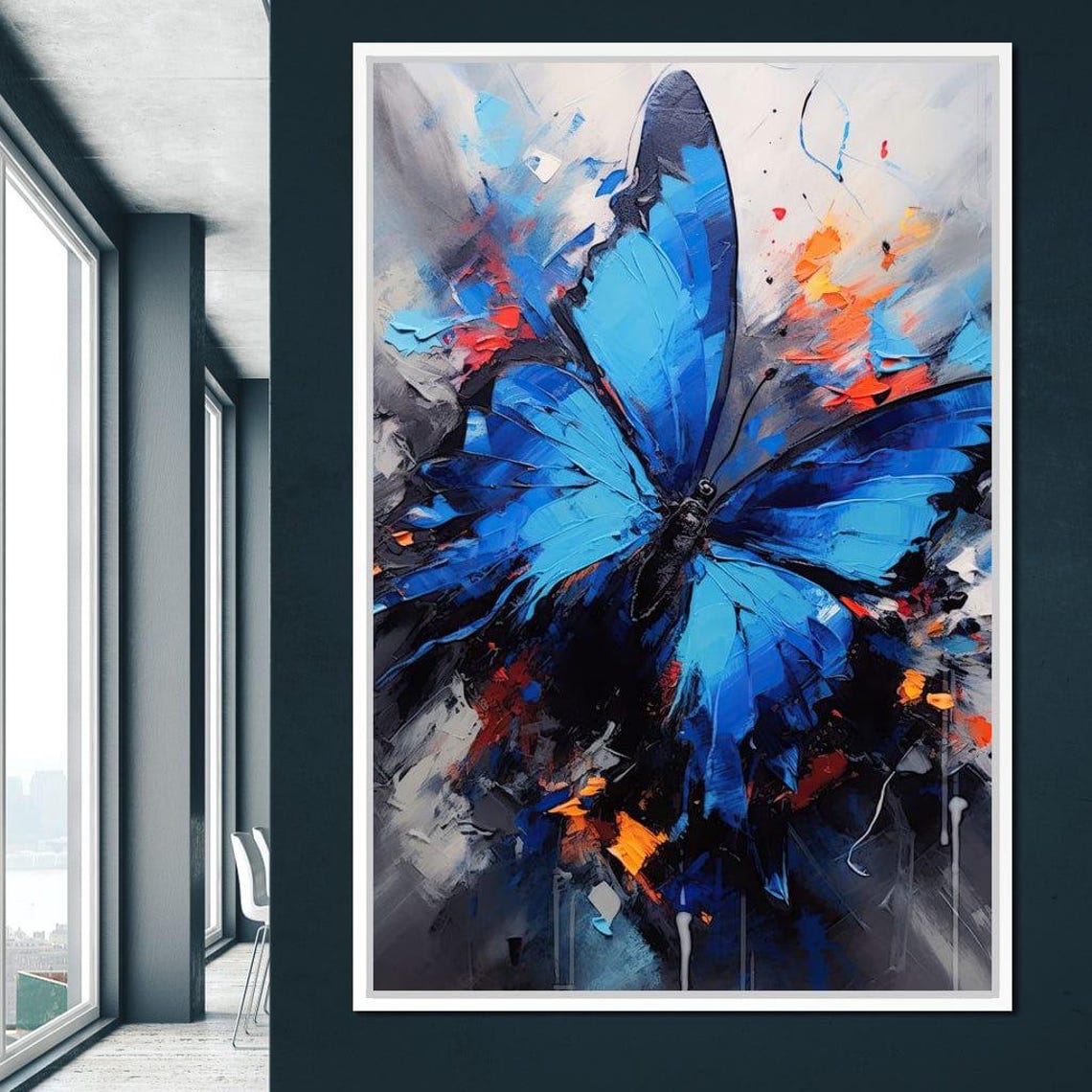 Blue Morpho Butterfly Abstract Grey Blue Paint Texture Wall Art - Image 3
