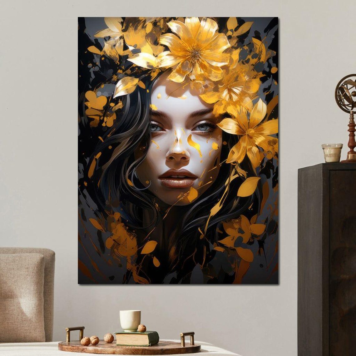 Golden Blossoms Woman Portrait Dark Dramatic Floral Wall Art Print - Image 2