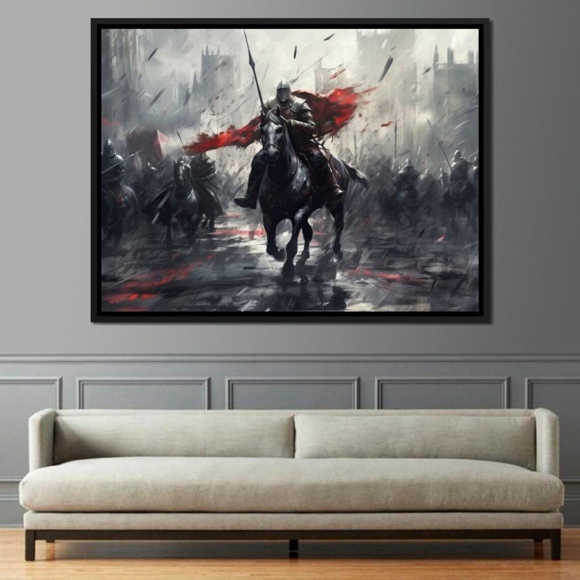 Majestic Warfare Monochrome Knight Horse Red Cape Battle Poster