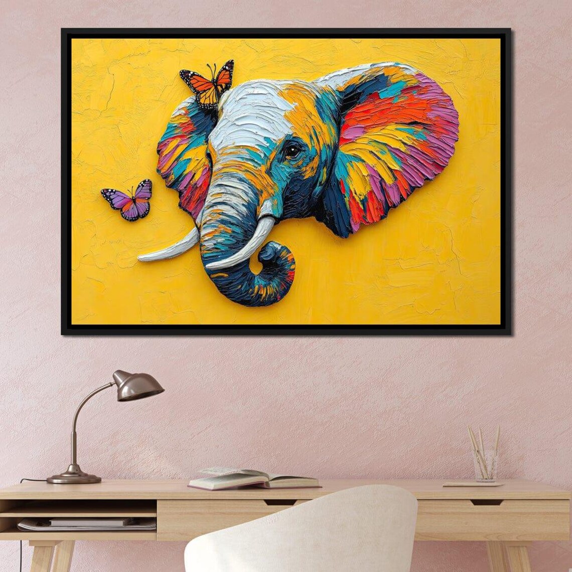 Colorful Elephant Butterflies Yellow Impasto Joyful Playful Art Poster - Image 2