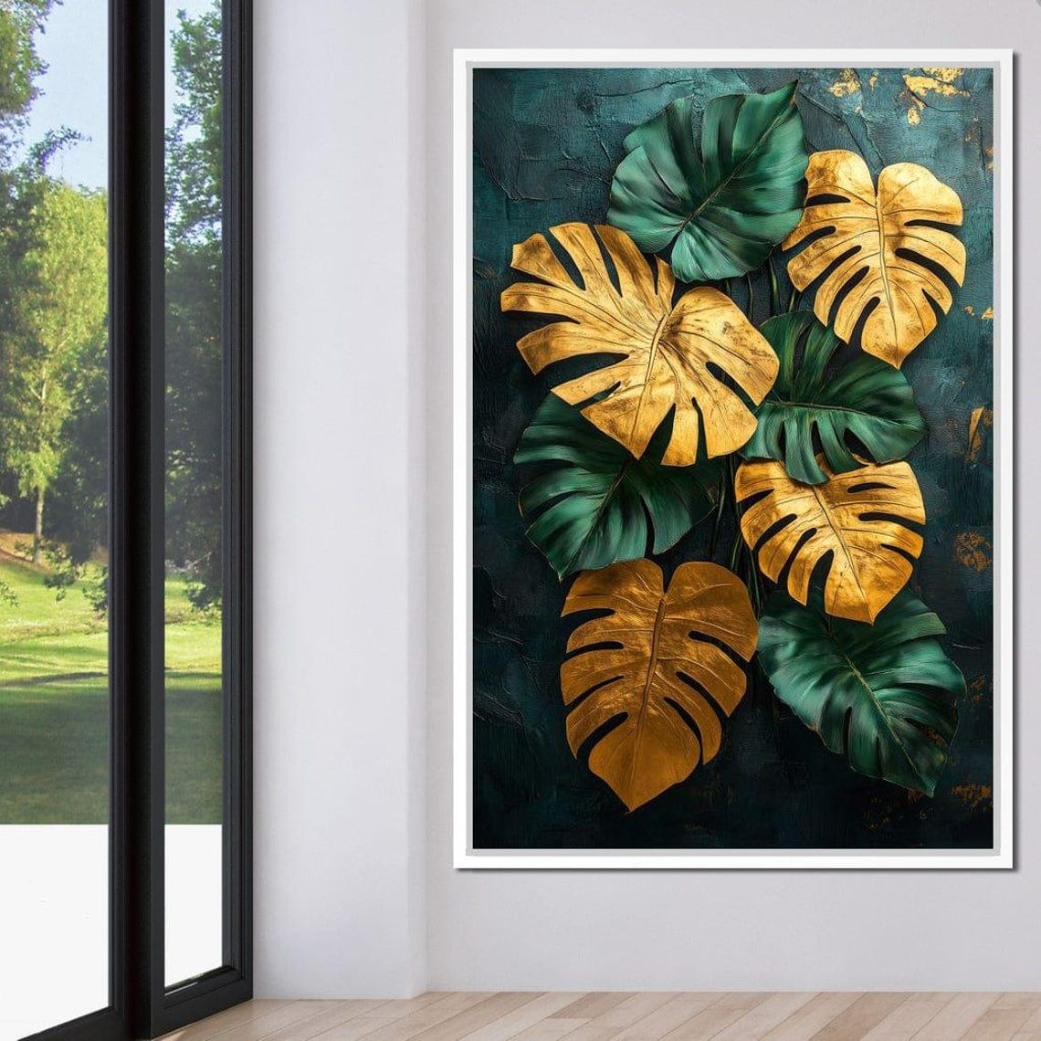 Golden Green Monstera Leaves Dark Botanical Elegant Modern Poster - Image 2