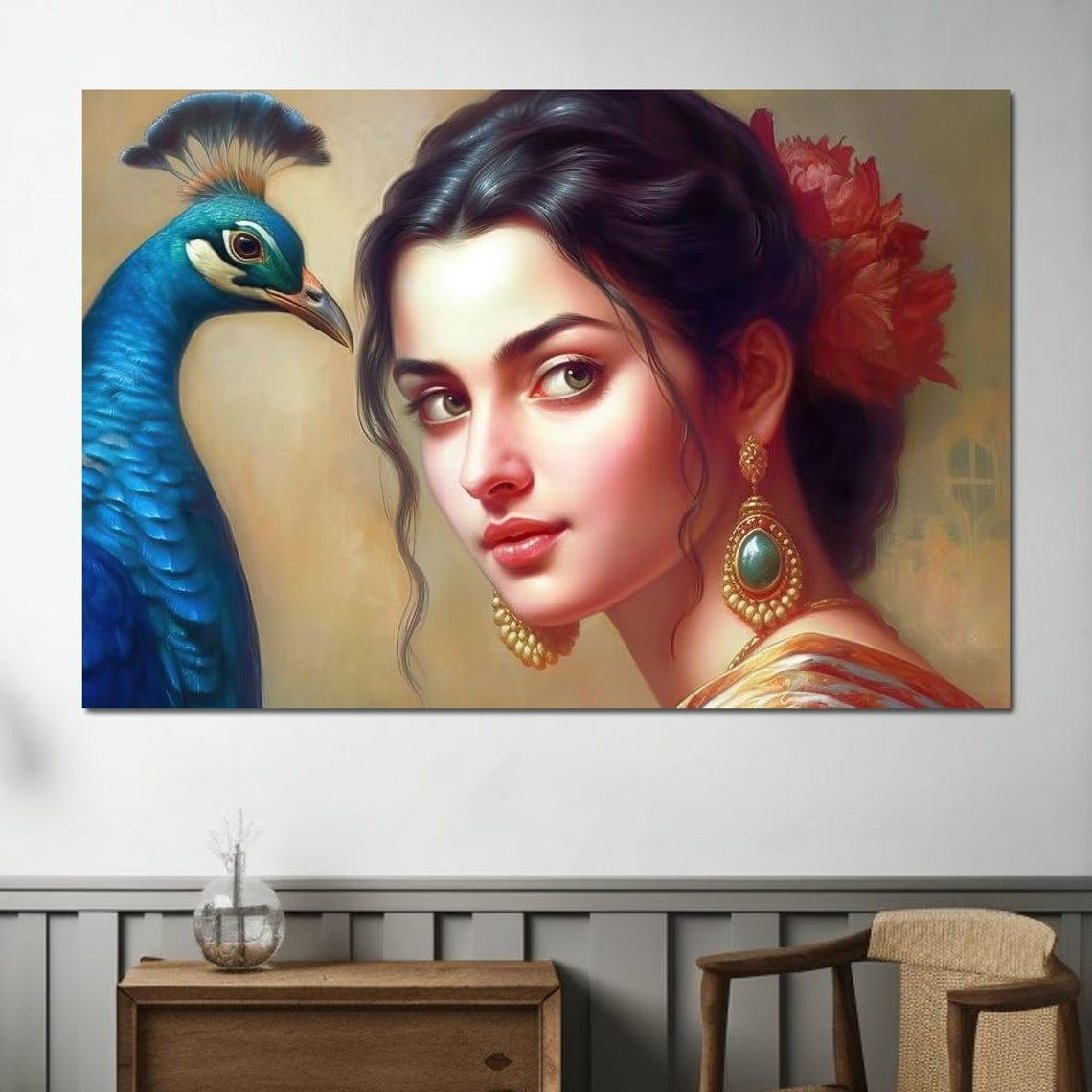 The Story Of The Peacock Feather Hindu Mythology Wall Art Indian Culture Home Decor Elegant Woman Portrait By Nichecanvas - Image 3