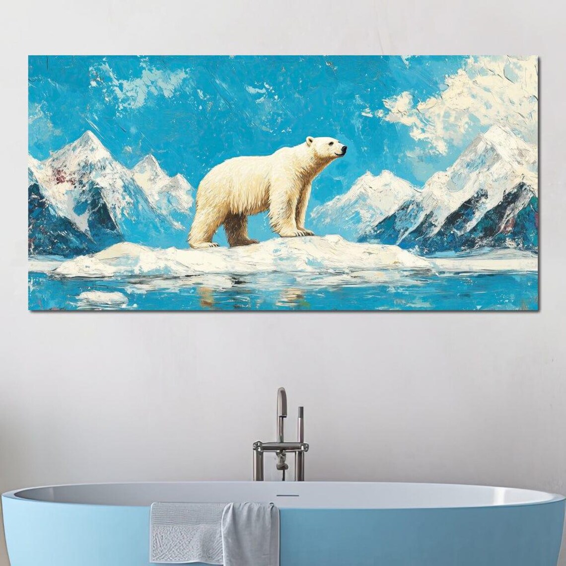 Polar Bear Standing On Arctic Ice Floe Snowy Mountains Turquoise Sea Poster - Image 2
