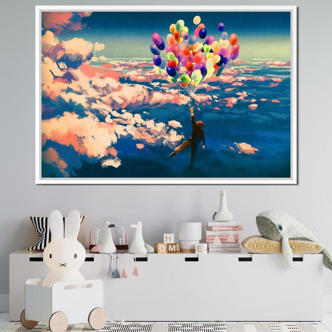 Child With Colorful Balloons Flying Over Clouds Fantasy Poster