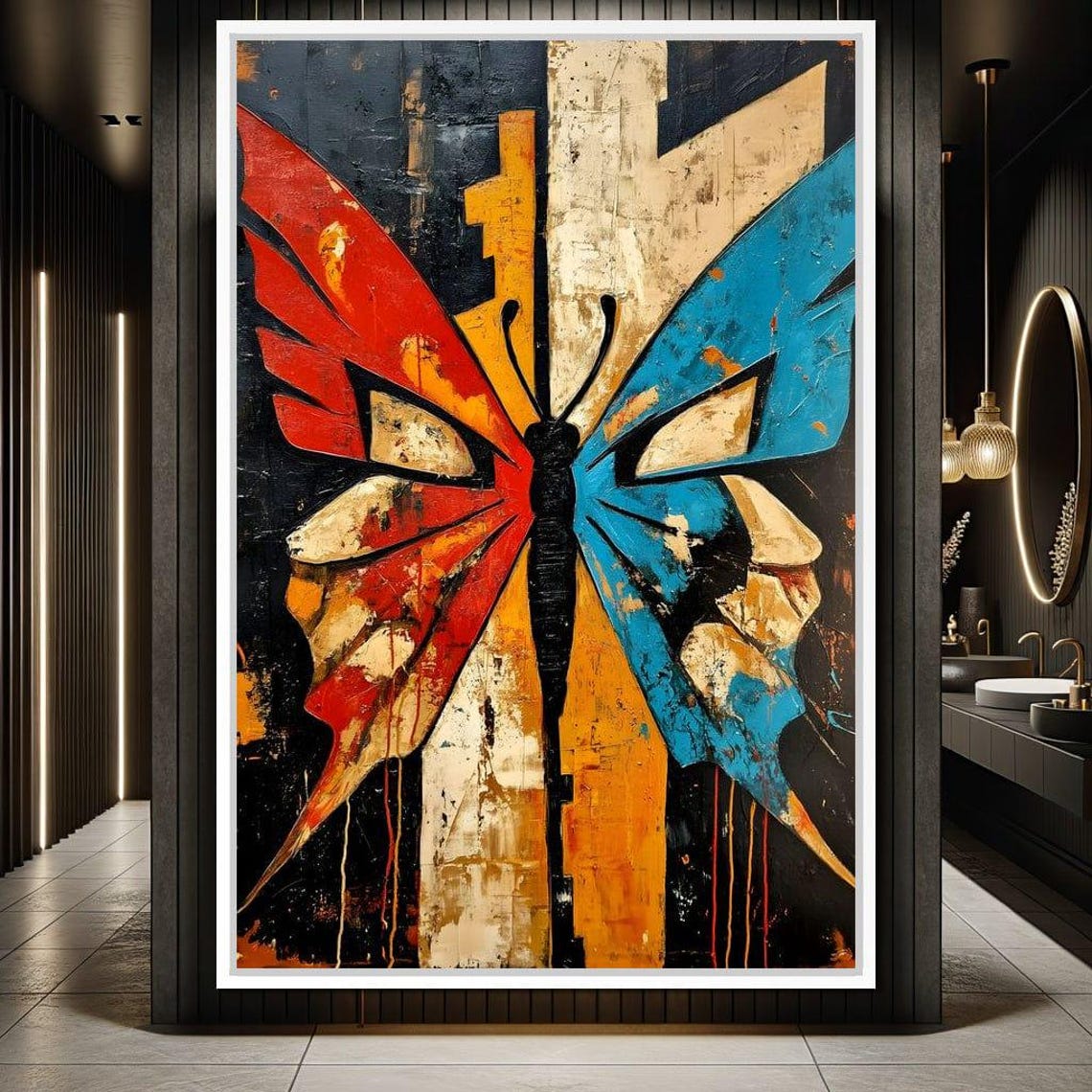 Abstract Butterfly Red Blue Wings Split Color Modern Art Print - Image 2