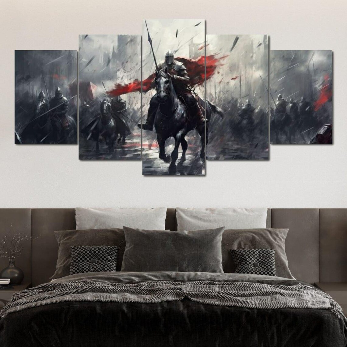 Majestic Warfare Monochrome Knight Horse Red Cape Battle Poster - Image 2