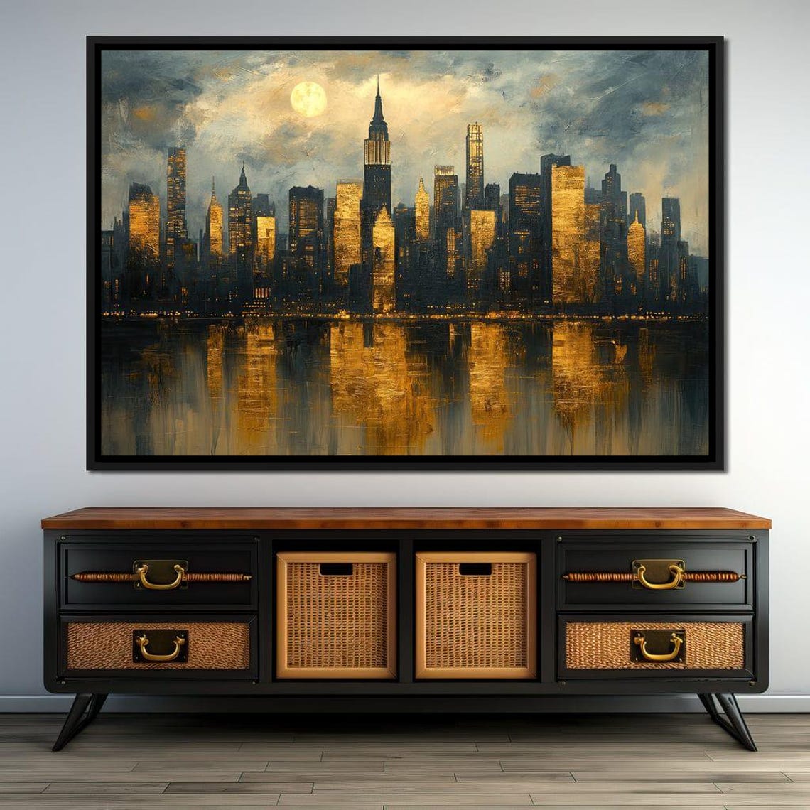 New York City Skyline Golden Night Empire State Moon Reflection Poster - Image 2