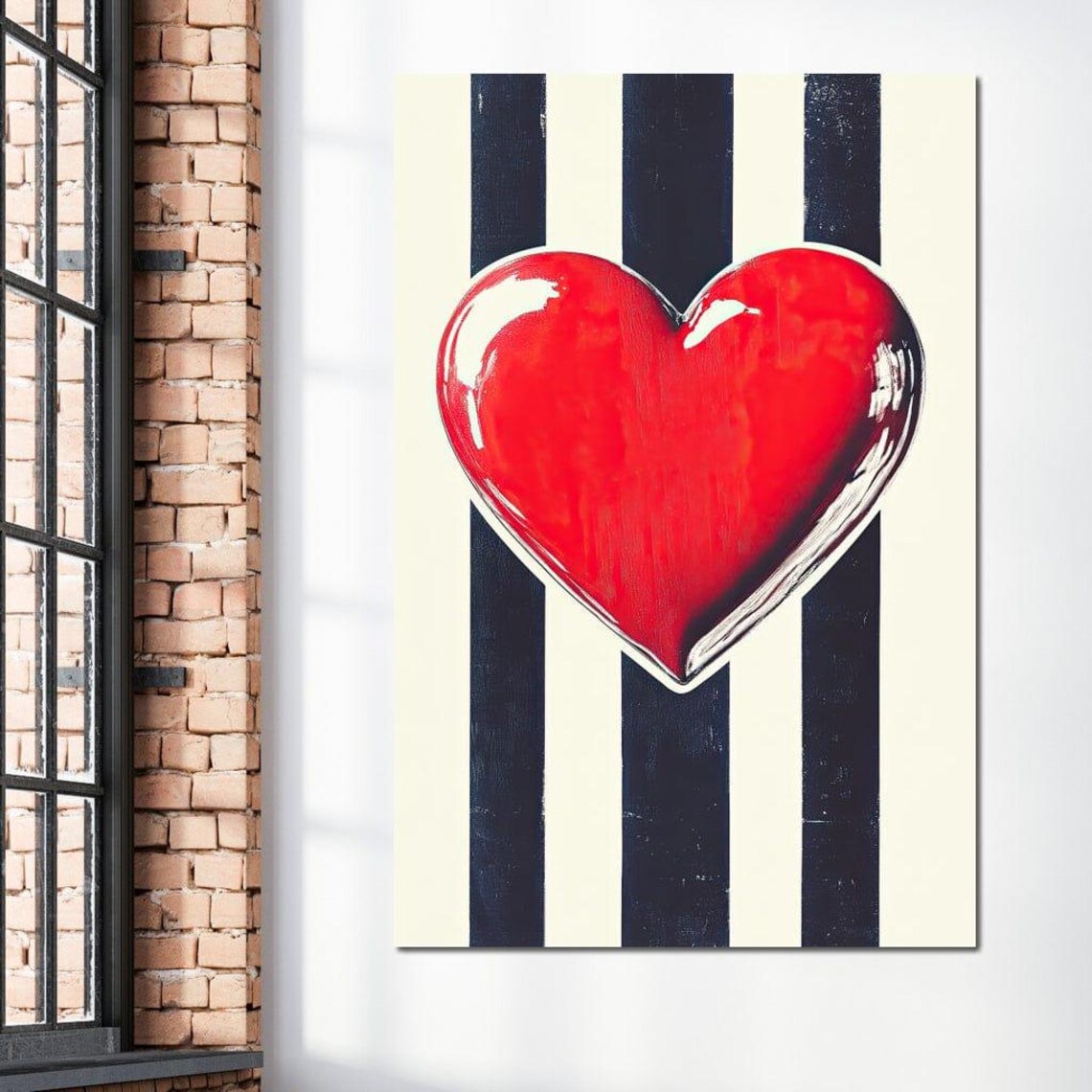 Glossy Red Heart On Black And White Stripes Modern Love Poster - Image 2