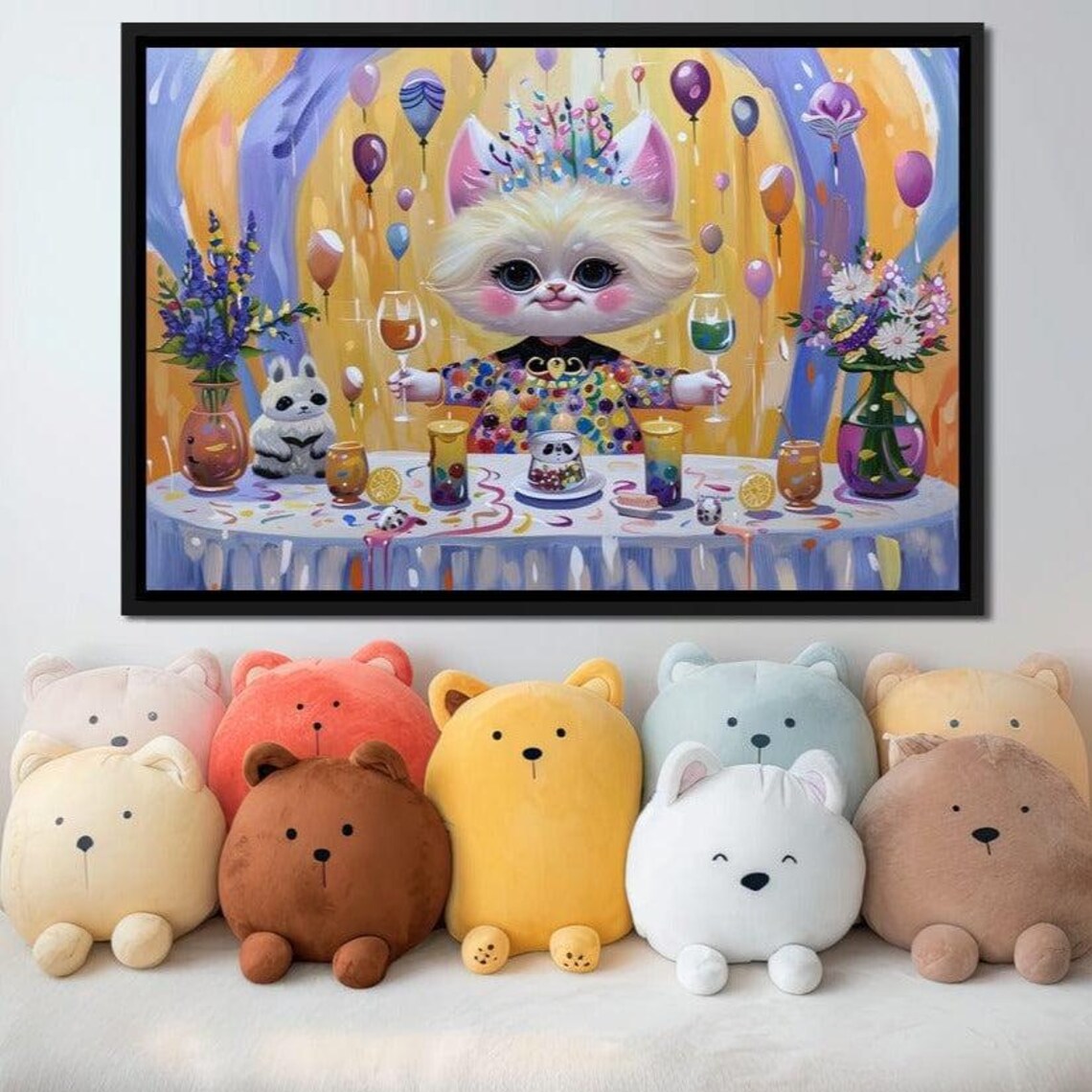Festive Kitten Birthday Party Balloons Colorful Kids Room Wall Art Poster - Image 3