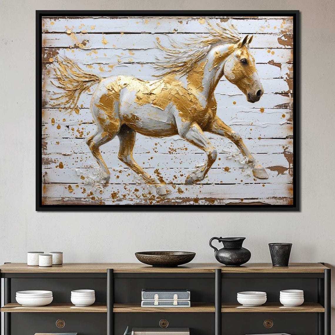 Golden Galloping Horse White Wood Gold Leaf Equestrian Art Poster - Image 4