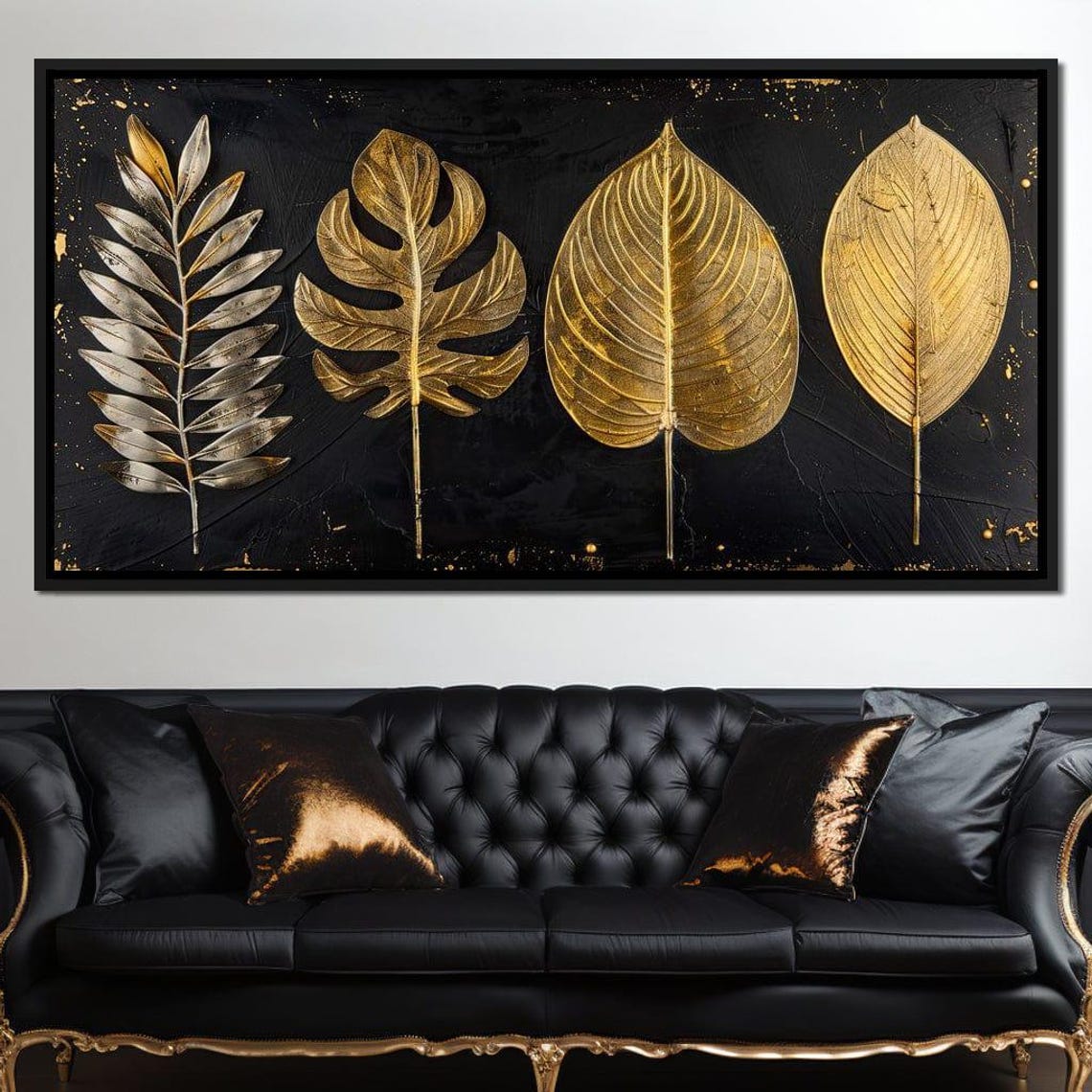 Gold Leaves Black Background Elegant Botanical Luxe Modern Wall Art