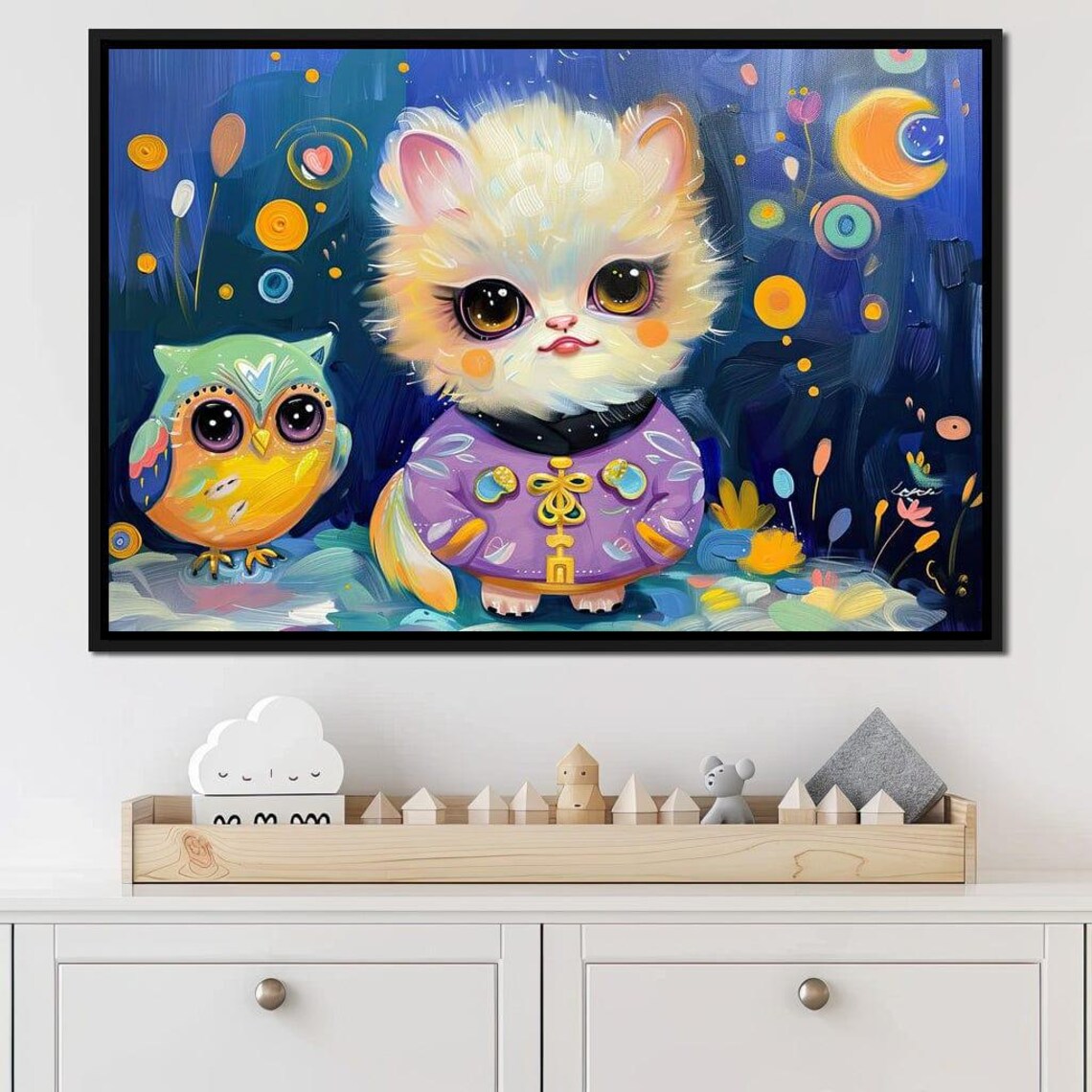 Whimsical Kitten Owl Fantasy Painting Big Eyes Night Magic Kids Room Poster - Image 3