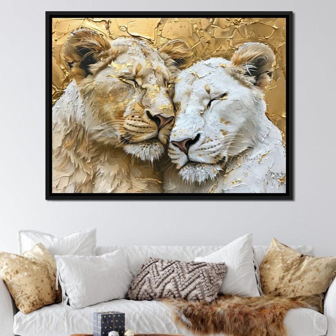 Golden Lions Nuzzling Tender Embrace Gold Leaf Wildlife Wall Art