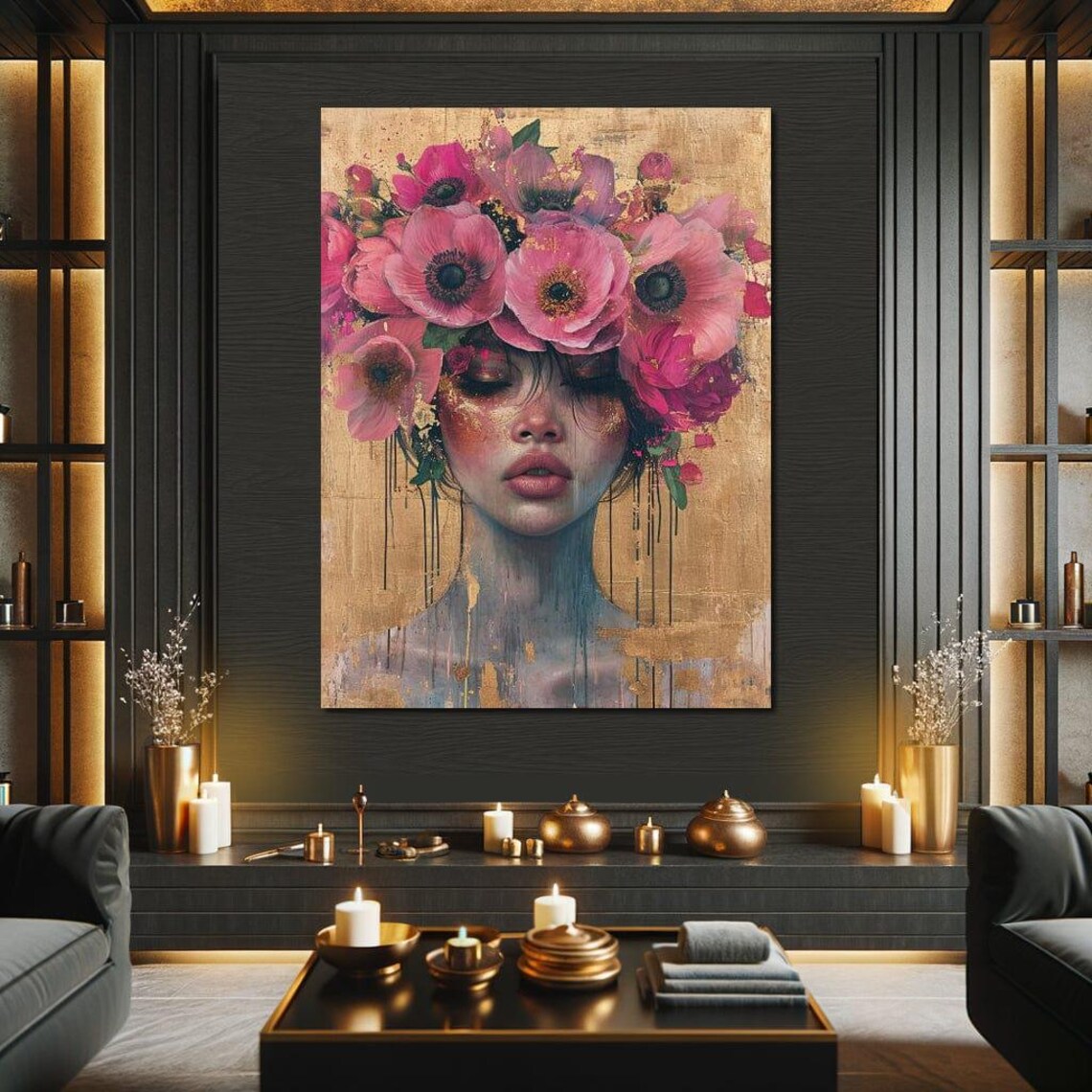 Pink Flowers Woman Dreamy Portrait Gold Pink Feminine Art Print - Image 2