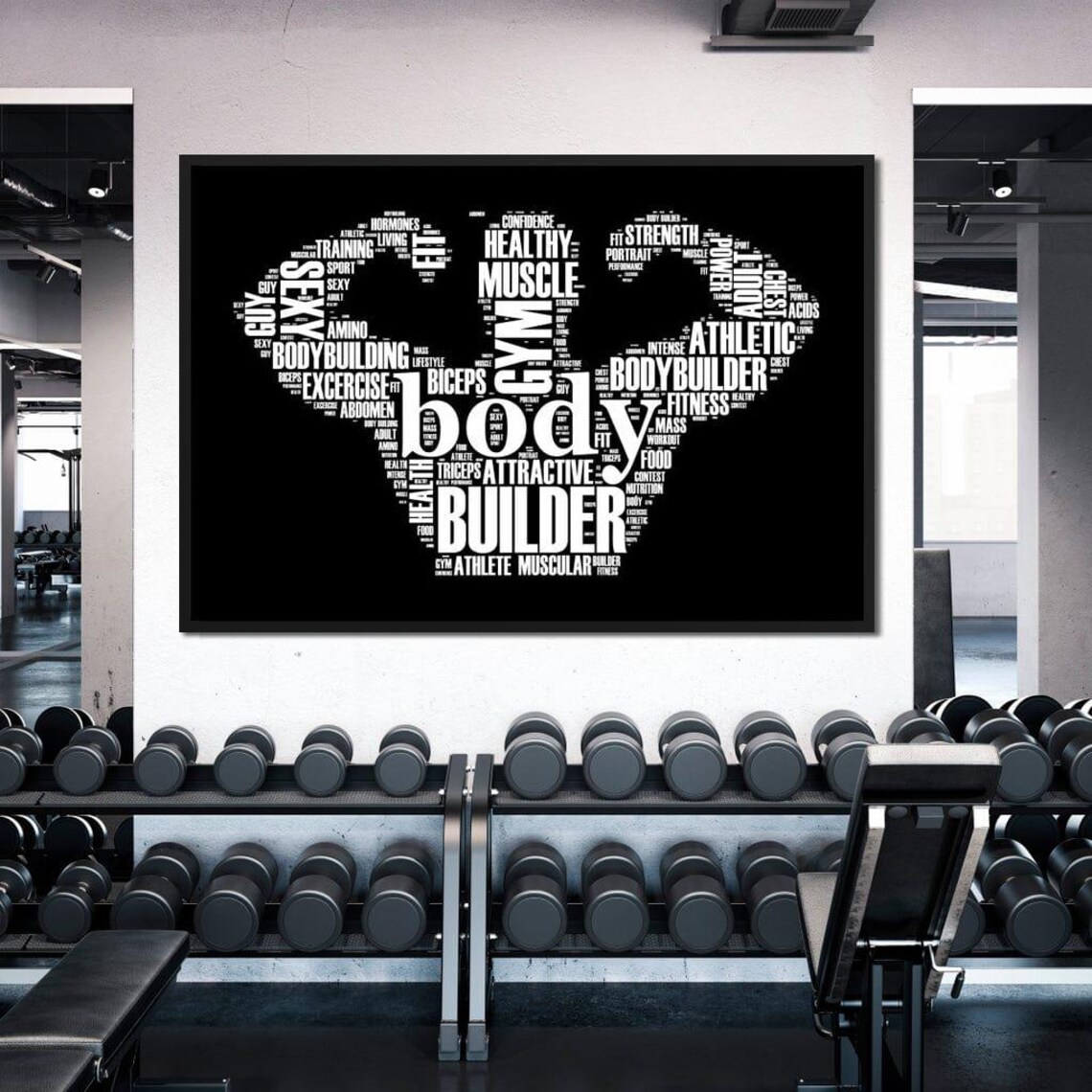 Bodybuilder Muscle Arm Word Cloud Gym Motivation Black White Fitness Wall Poster