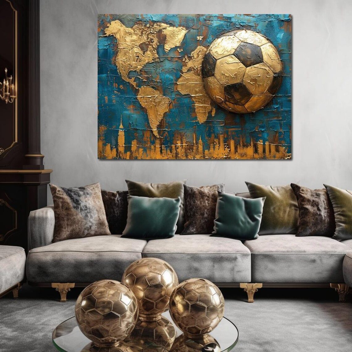 Golden Goal Globetrotter Soccer Wall Art Football Home Decor Sports Themed Art Luxurious Blue Gold World Map By Nichecanvas - Image 3