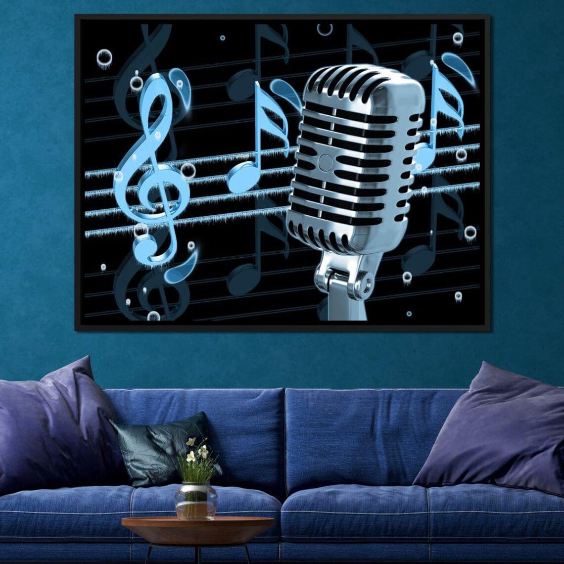 Vintage Chrome Microphone Blue Musical Notes Retro Singing Music Art Poster