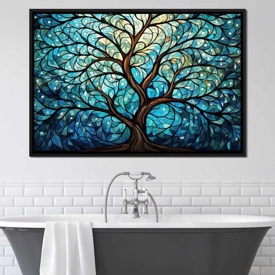 Stained Glass Tree Of Life Turquoise Five Panel Wall Art Print - Image 2