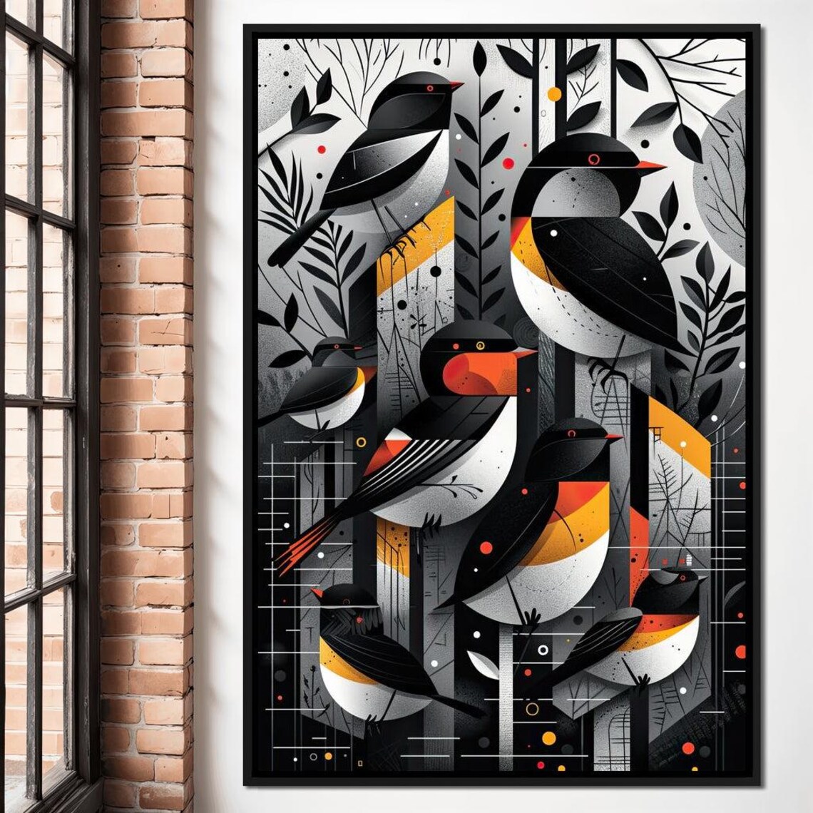 Geometric Songbirds Forest Black Orange Modern Bird Art Wall Poster
