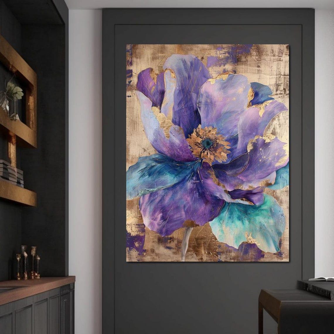 Violet Purple Blue Anemone Flower Gold Leaf Abstract Art Poster - Image 2