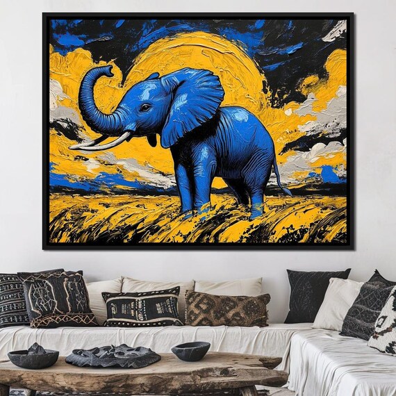 Blue Elephant Under Giant Golden Sun Impasto Savanna Wildlife Art Poster