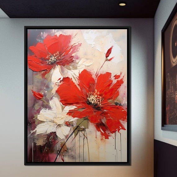 Red White Flowers Print Floral Wall Decor Modern Home Art Vibrant Home Decor Large Bold Flower Painting By Nichecanvas