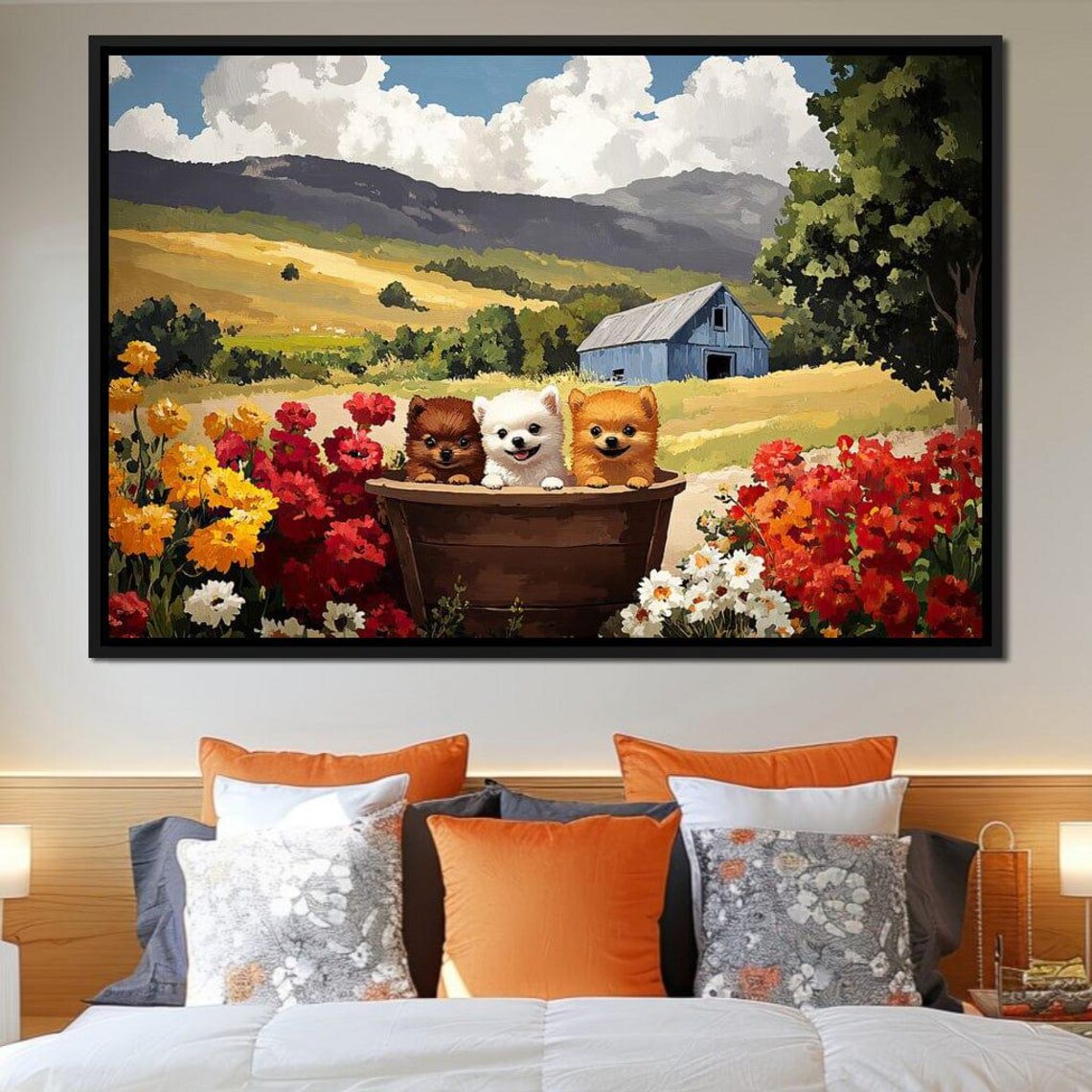 Three Cute Puppies In A Wooden Tub Among Wildflowers Farm Poster - Image 4
