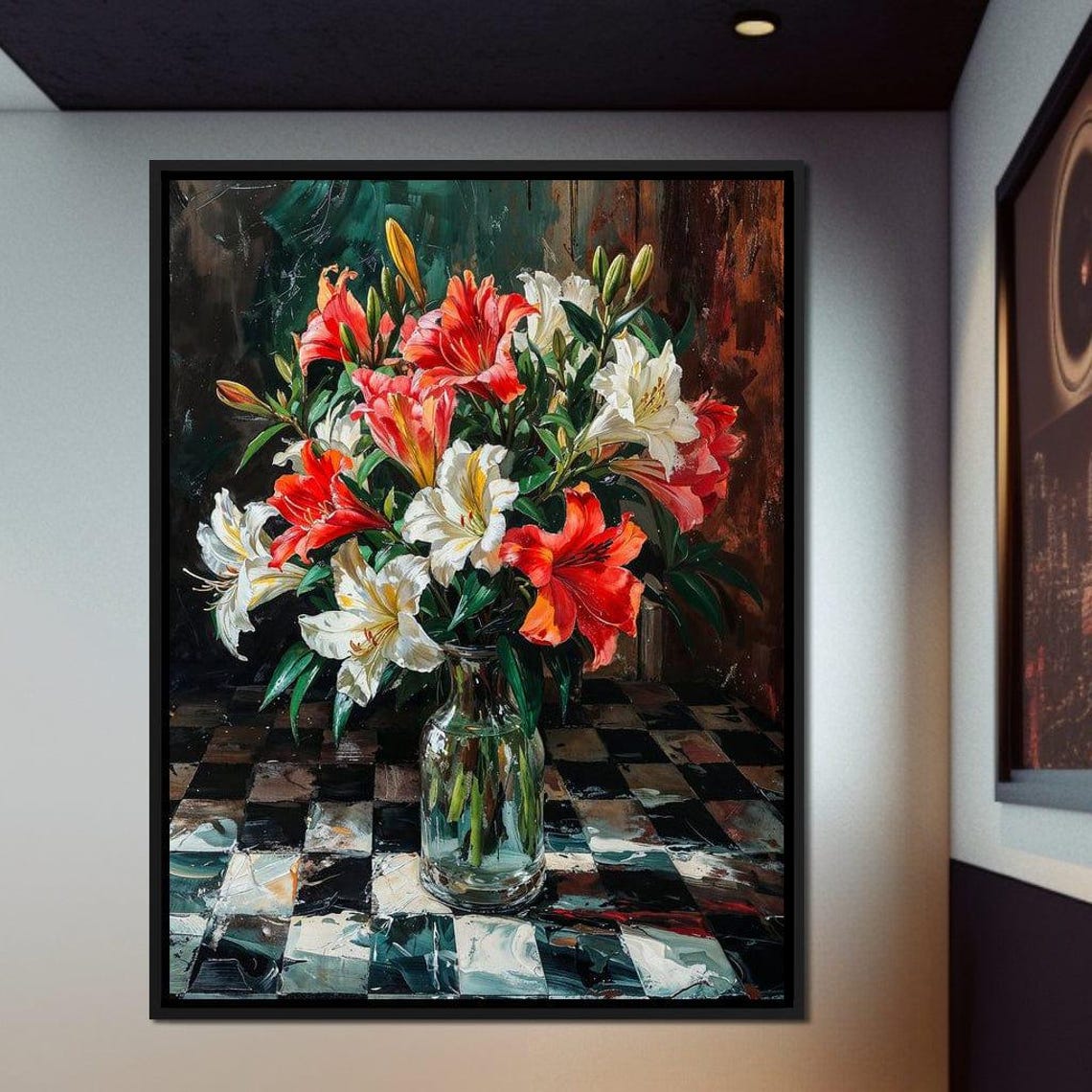 Red White Orange Lilies Bouquet Glass Vase Classic Still Life Poster - Image 3