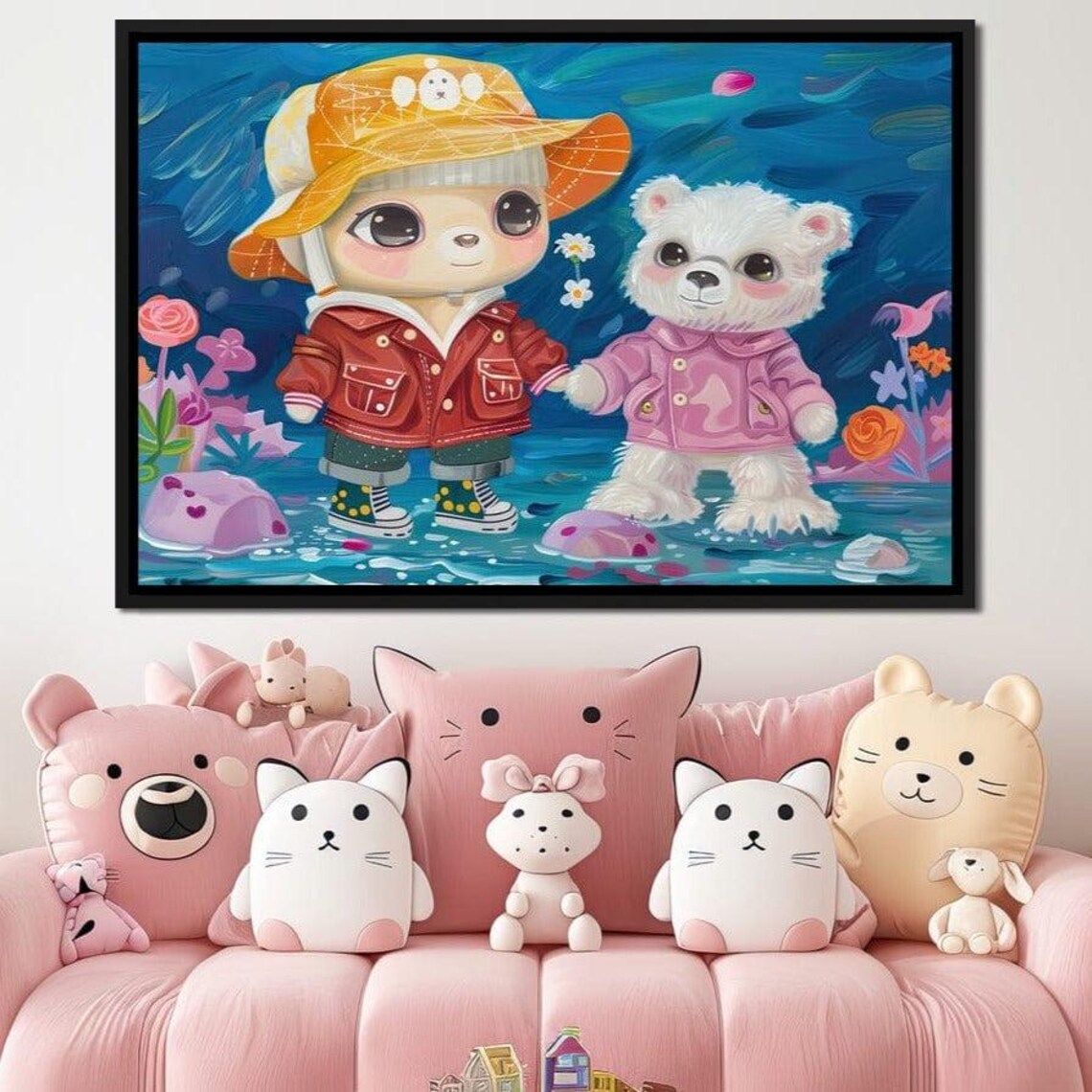 Beach Day Cartoon Friends Cute Animal Kids Room Seaside Fun Art Poster