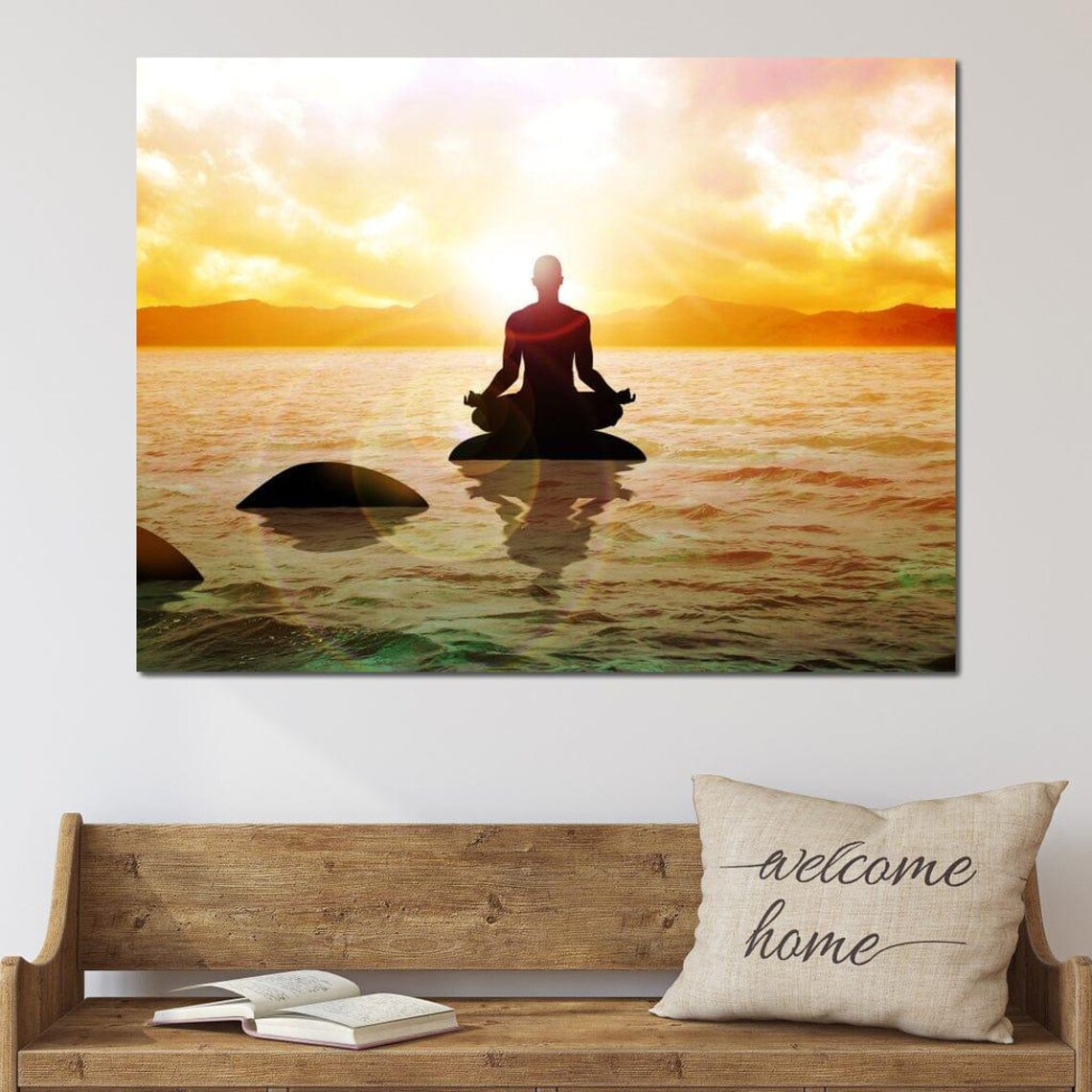 Meditating Silhouette Ocean Sunrise Yoga Spiritual Calm Art Poster - Image 4