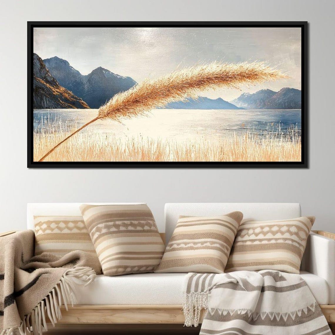Golden Pampas Grass Swaying Over Serene Mountain Lake Scenic Poster