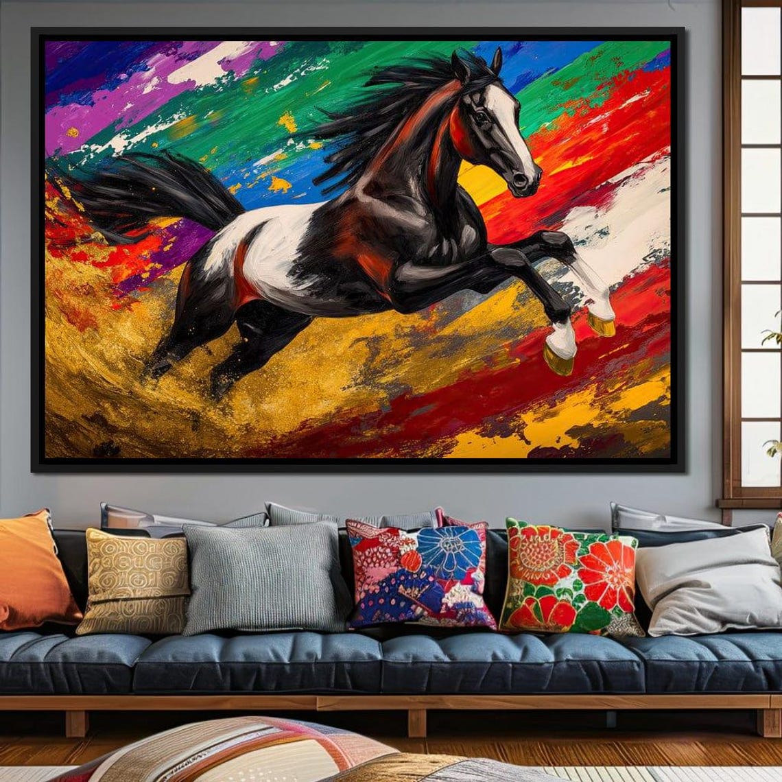 Galloping Horse Leaping Through Explosive Rainbow Paint Swirls Poster