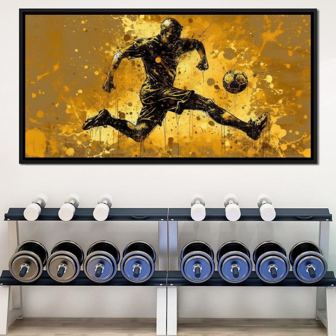 Soccer Player Kick Black Gold Splash Modern Athletic Wall Art Poster - Image 2