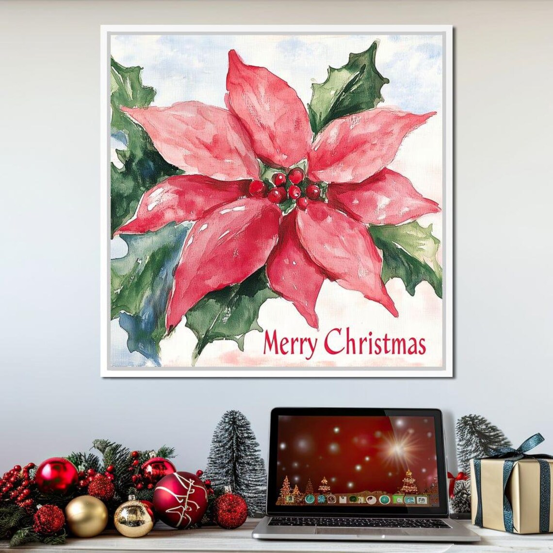 Red Poinsettia Watercolor Merry Christmas Floral Holiday Art Poster - Image 3