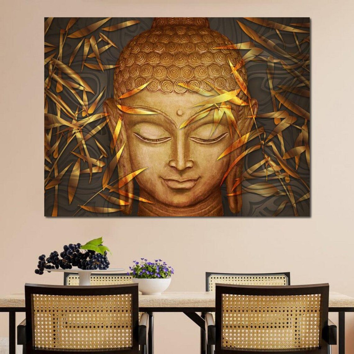 Golden Buddha Face With Bamboo Leaves Serene Zen Meditation Art Poster - Image 3