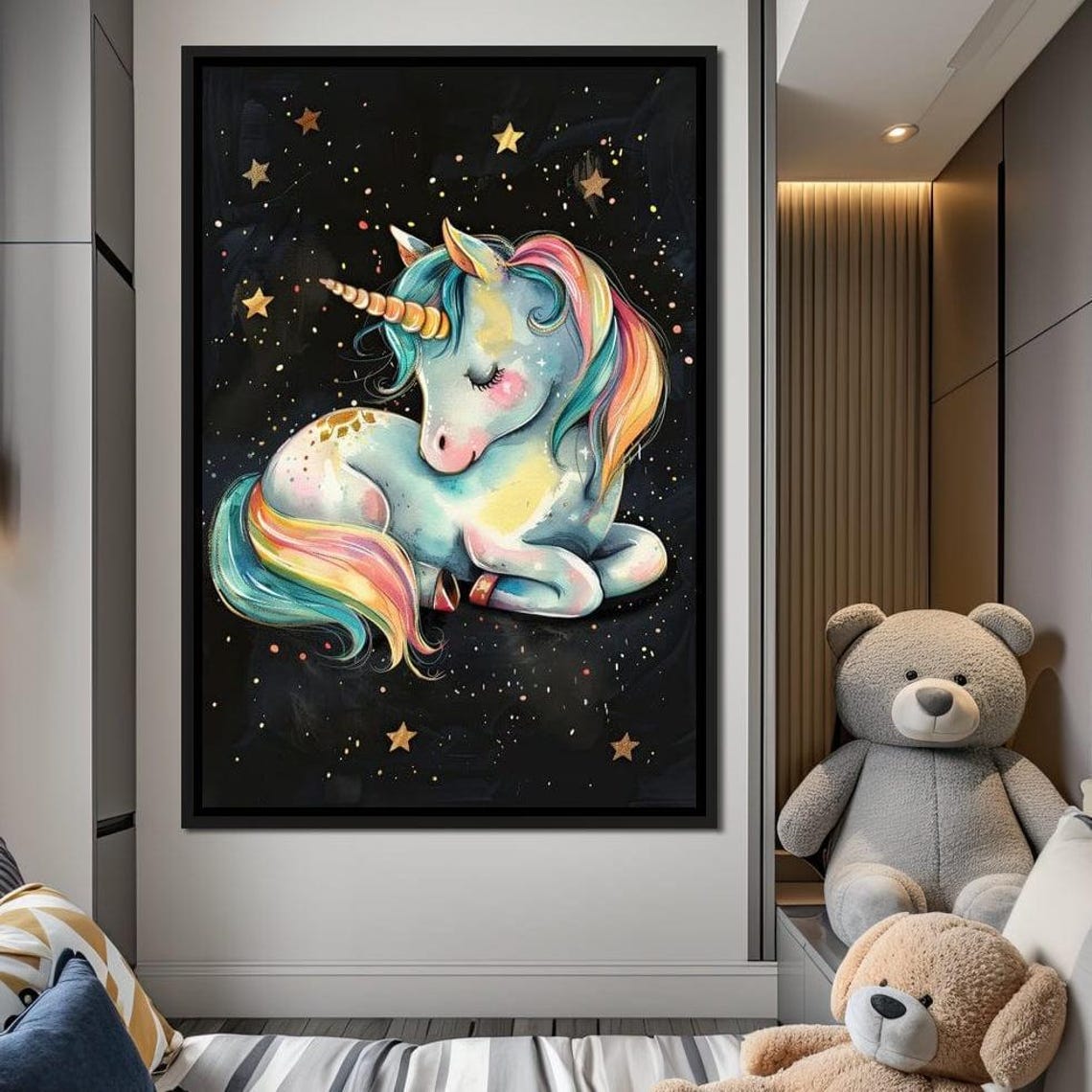 Sleeping Rainbow Unicorn Curled Beneath Starry Night Sky Poster