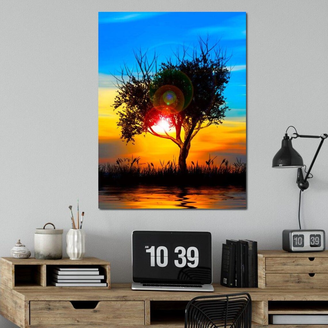 Colorful Sundown Vibrant Colors Tree Silhouette Evening Scene Landscape Art Sunset Reflection Home Decor By Nichecanvas - Image 3
