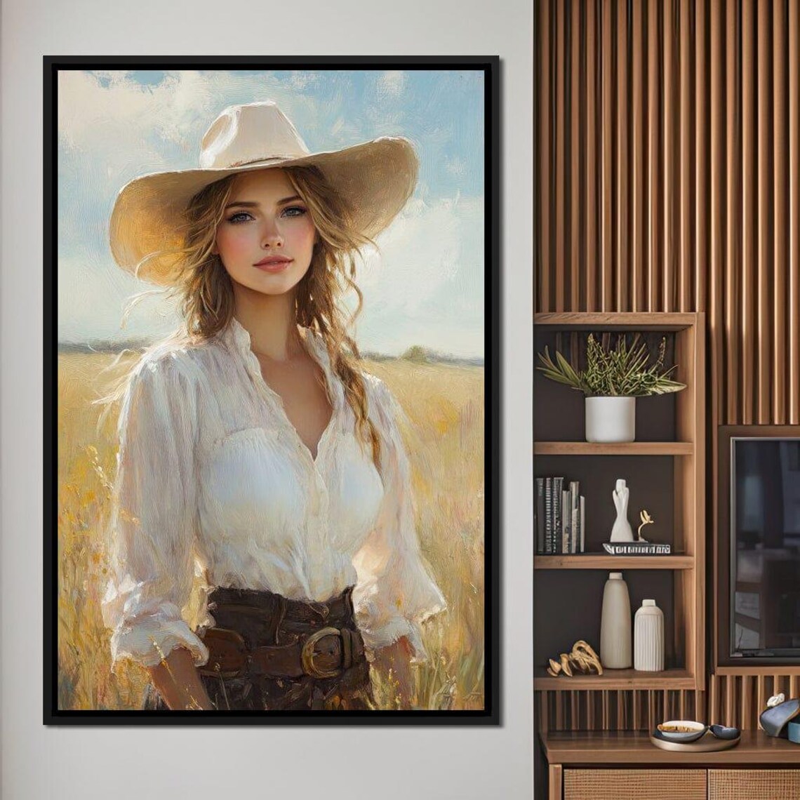 Sunlit Cowgirl Golden Fields White Hat Western Portrait Art Poster - Image 4